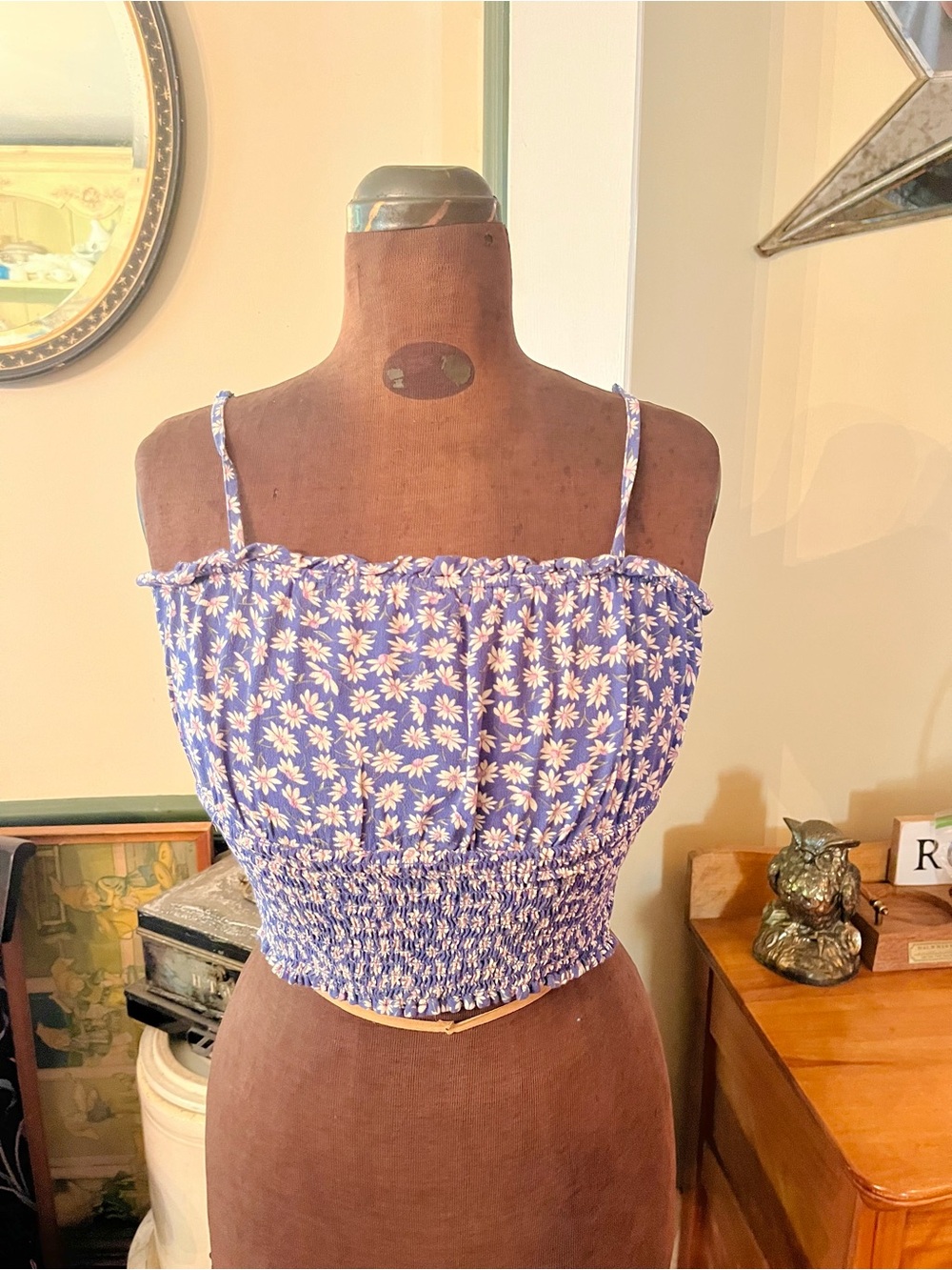 American Eagle Floral Smocked Crop Tank Top - Blue Daisy Women’s Small